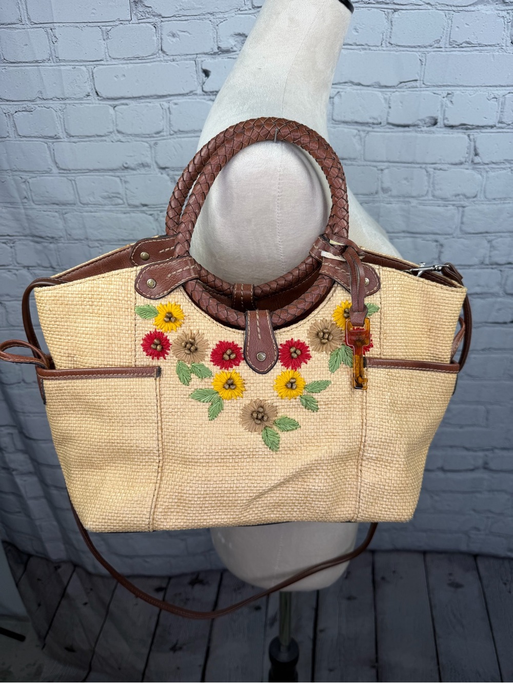 Vintage Straw Embroidered Fossil Bag
